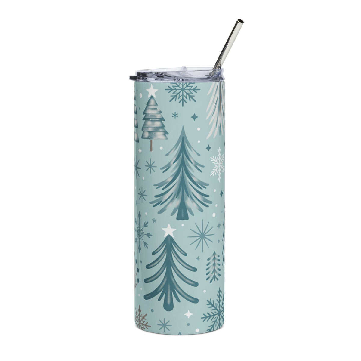 Light blue tumbler with trees, snowflakes, and stars, with a metal straw.