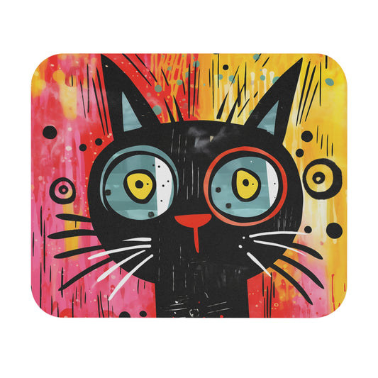 Stylized illustration of a black cat with oversized blue eyes against a colorful abstract background.