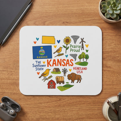 Heart-shaped mousepad with Kansas icons and text, including the state flag and "Prairie Proud."