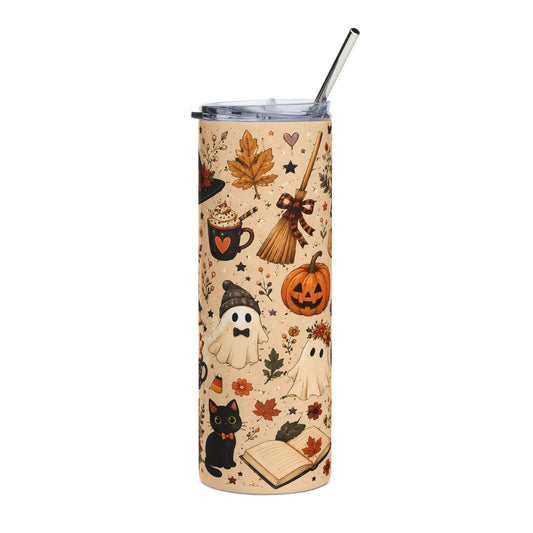 Beige tumbler with Halloween pattern featuring ghosts, pumpkins, and fall leaves.