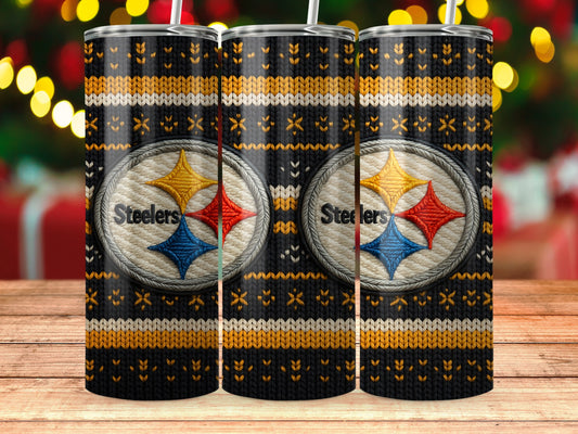 Three tumblers with Pittsburgh Steelers logo and knit pattern.