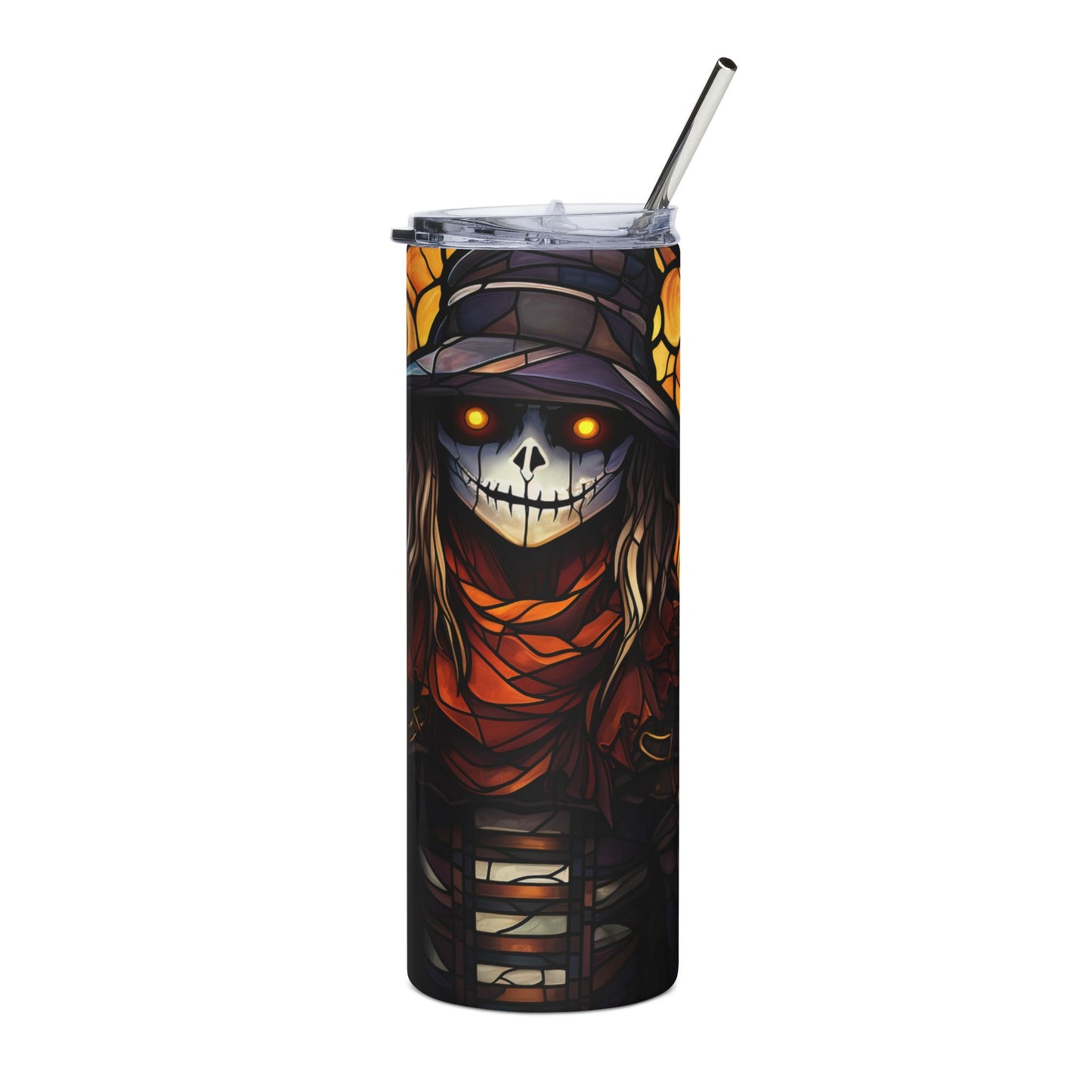 Tumbler with a stained glass skeleton design featuring glowing eyes and a hat.
