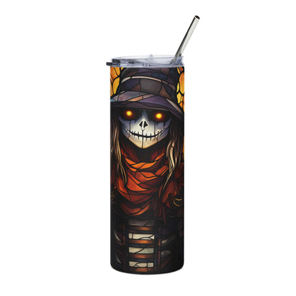 Tumbler with a stained glass skeleton design featuring glowing eyes and a hat.