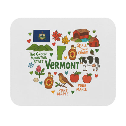 Vermont state art with flag, covered bridge, cow, apples, maple syrup, and text.