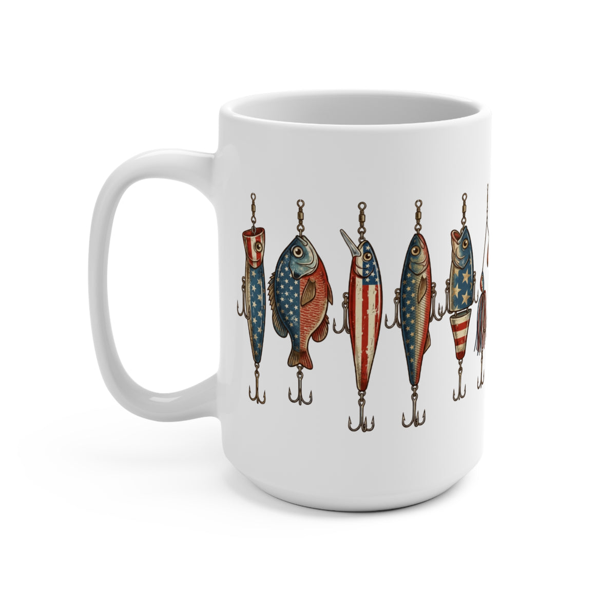 White mug with a repeating pattern of fishing lures in American flag designs.