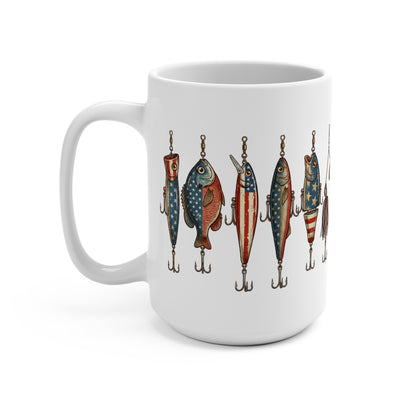 White mug with a repeating pattern of fishing lures in American flag designs.