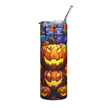 Tumbler with a stained-glass design featuring stacked jack-o'-lanterns and autumn leaves.