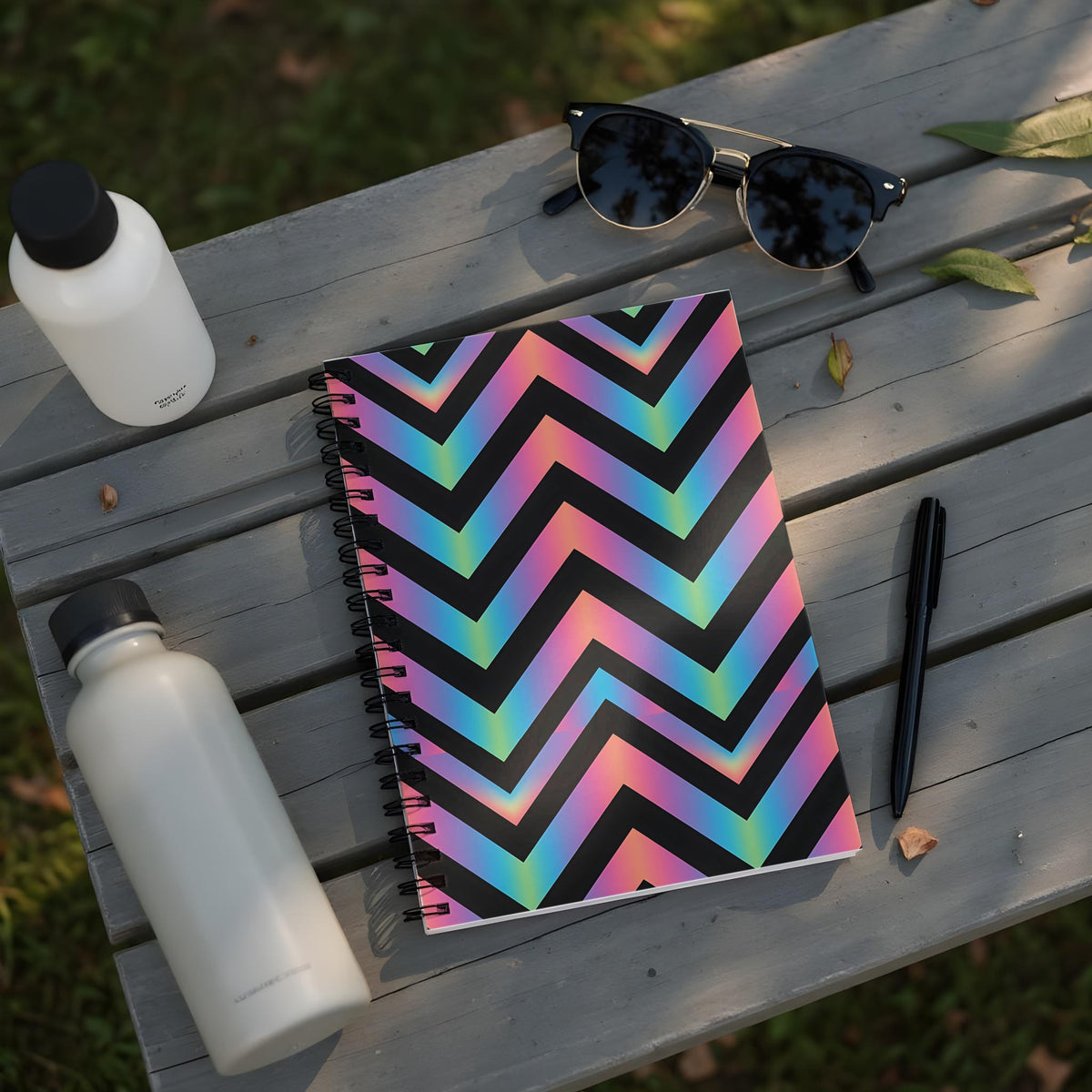 Spiral notebook with black, rainbow chevron pattern on a wooden surface with water bottles.