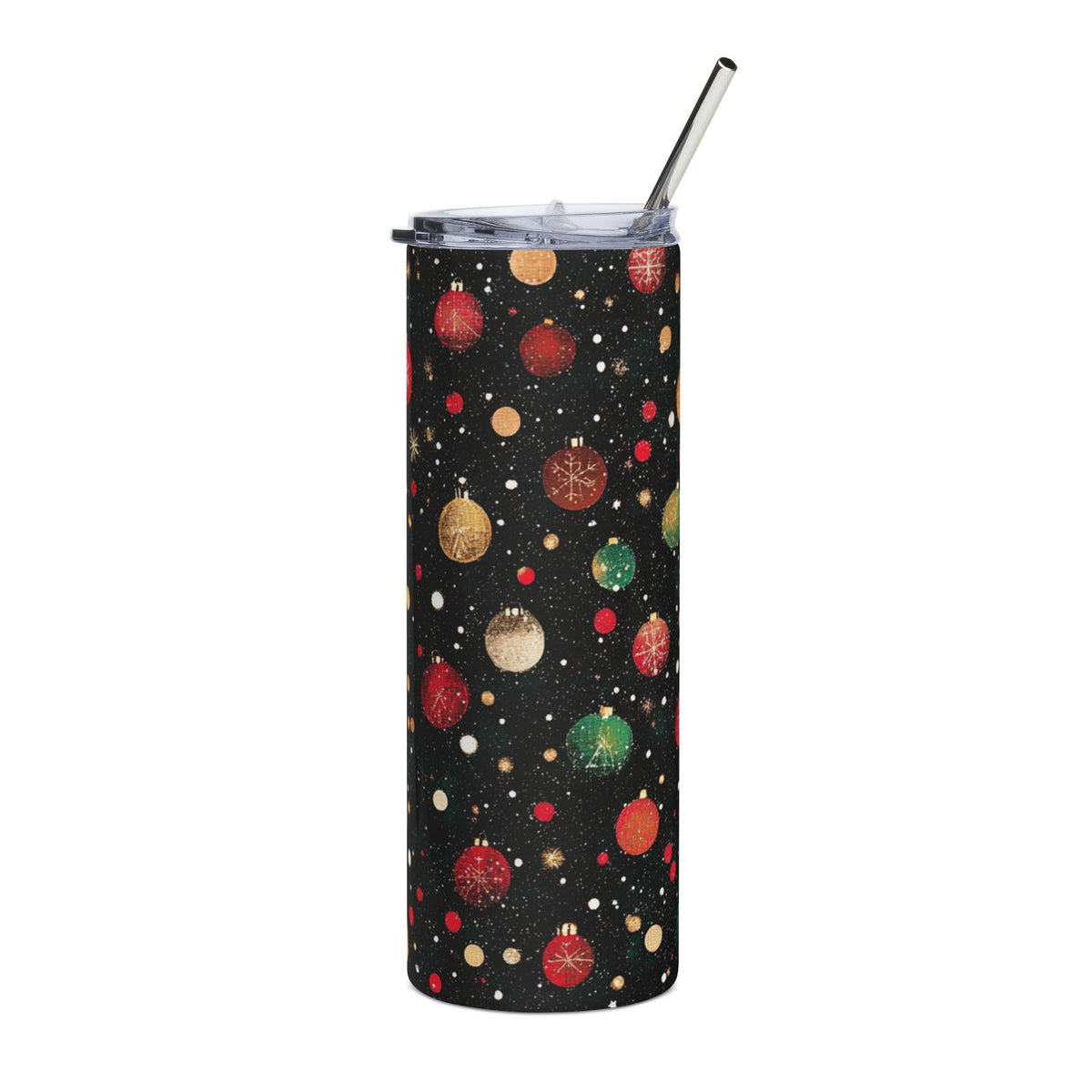 Black tumbler with a repeating pattern of red, gold, and green Christmas ornaments and confetti.