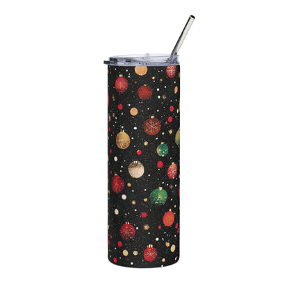 Black tumbler with a repeating pattern of red, gold, and green Christmas ornaments and confetti.