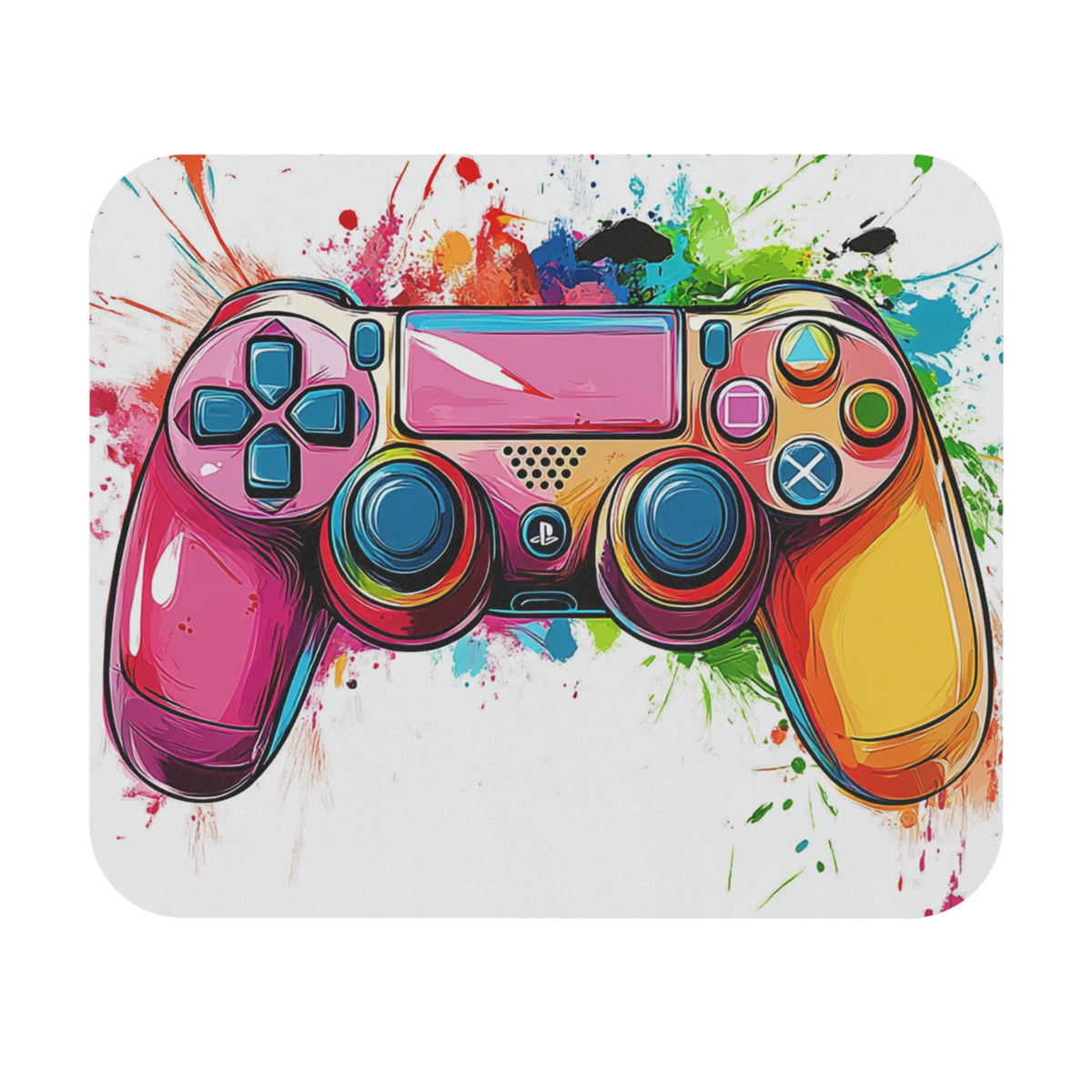 Vibrant, colorful video game controller with paint splatters on a white background.