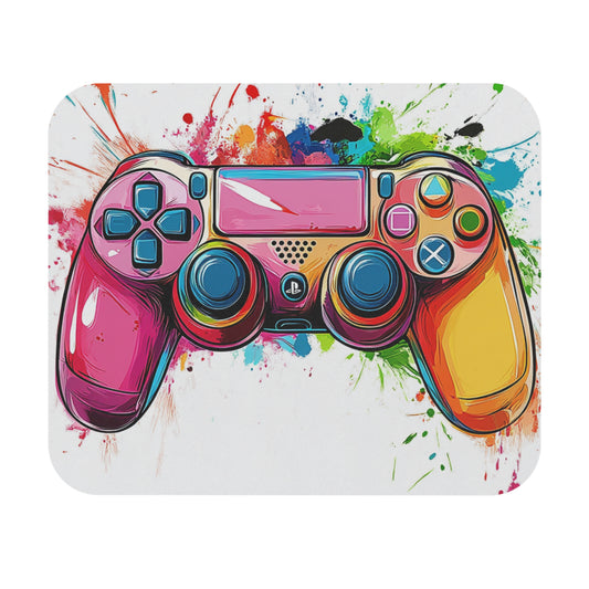 Vibrant, colorful video game controller with paint splatters on a white background.
