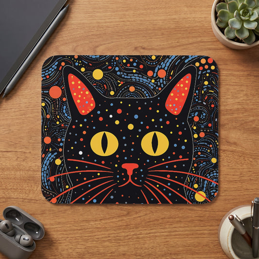 Black cat face with yellow eyes on a dark, colorful, patterned surface.