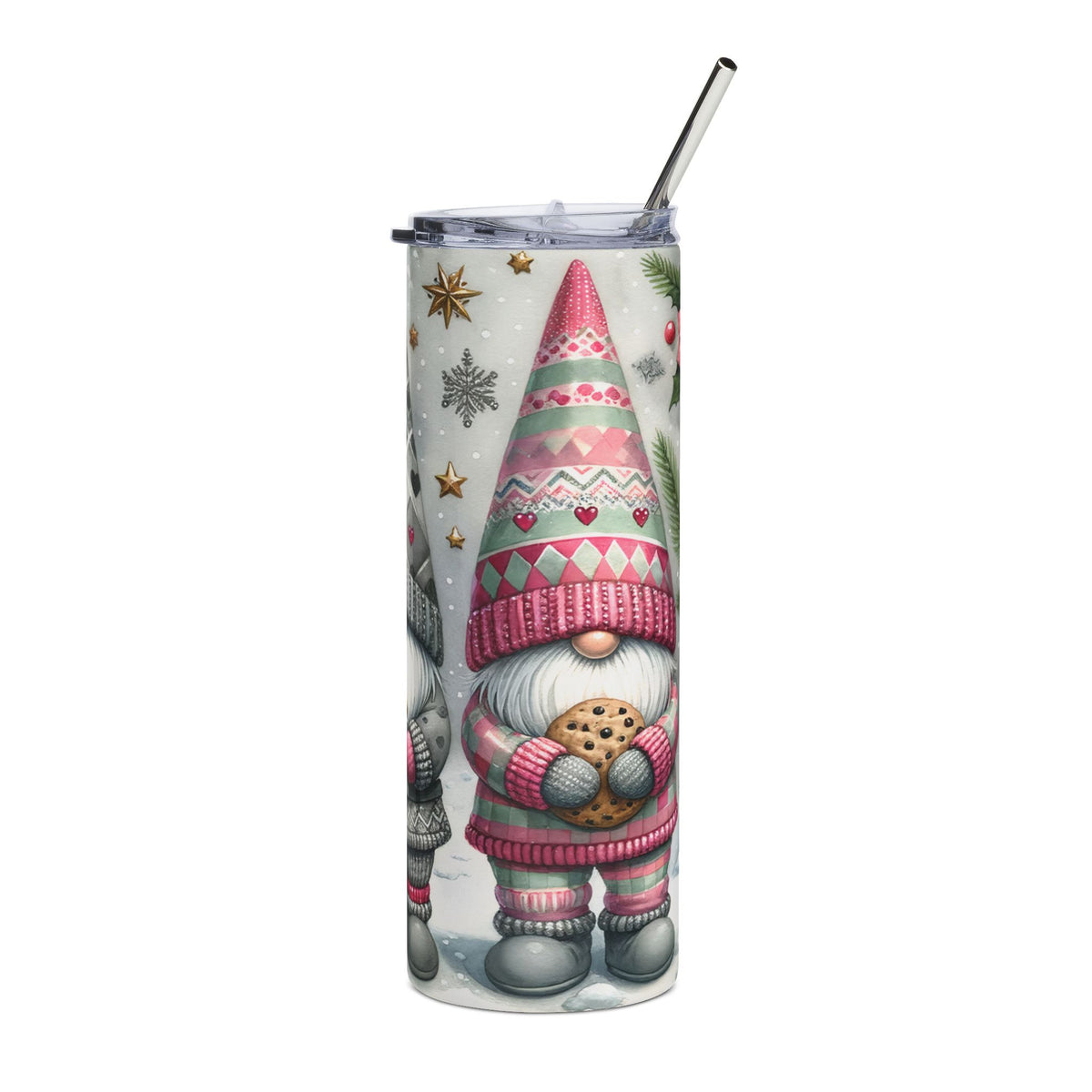 Tumbler with Christmas gnomes, snowflakes, stars, and a cookie.