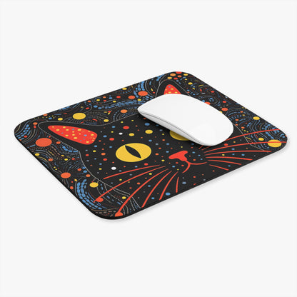 Black mousepad with a stylized black cat face and colorful confetti pattern.