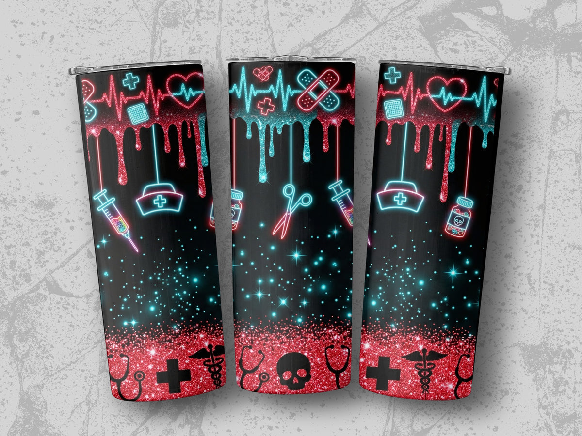 Three tumblers with a black background, glitter, and medical neon graphics.