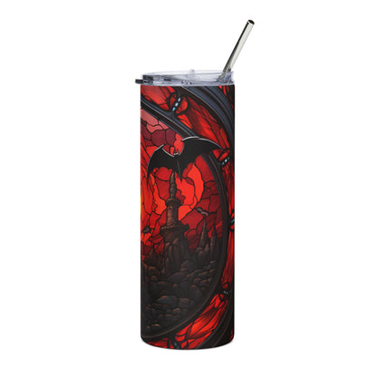 Tall tumbler with a black bat and gothic castle design on red stained glass.