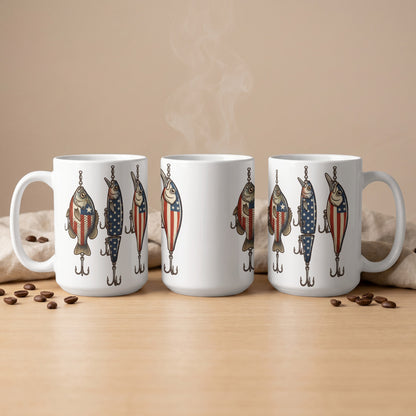 White mugs featuring fishing lures with American flag designs and visible steam.