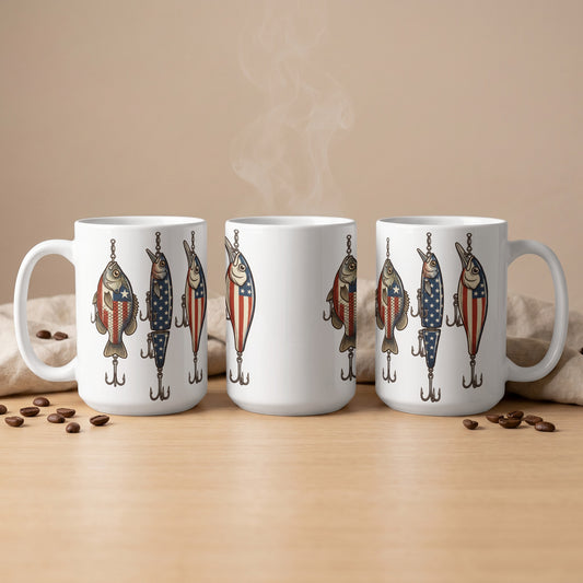 White mugs featuring fishing lures with American flag designs and visible steam.