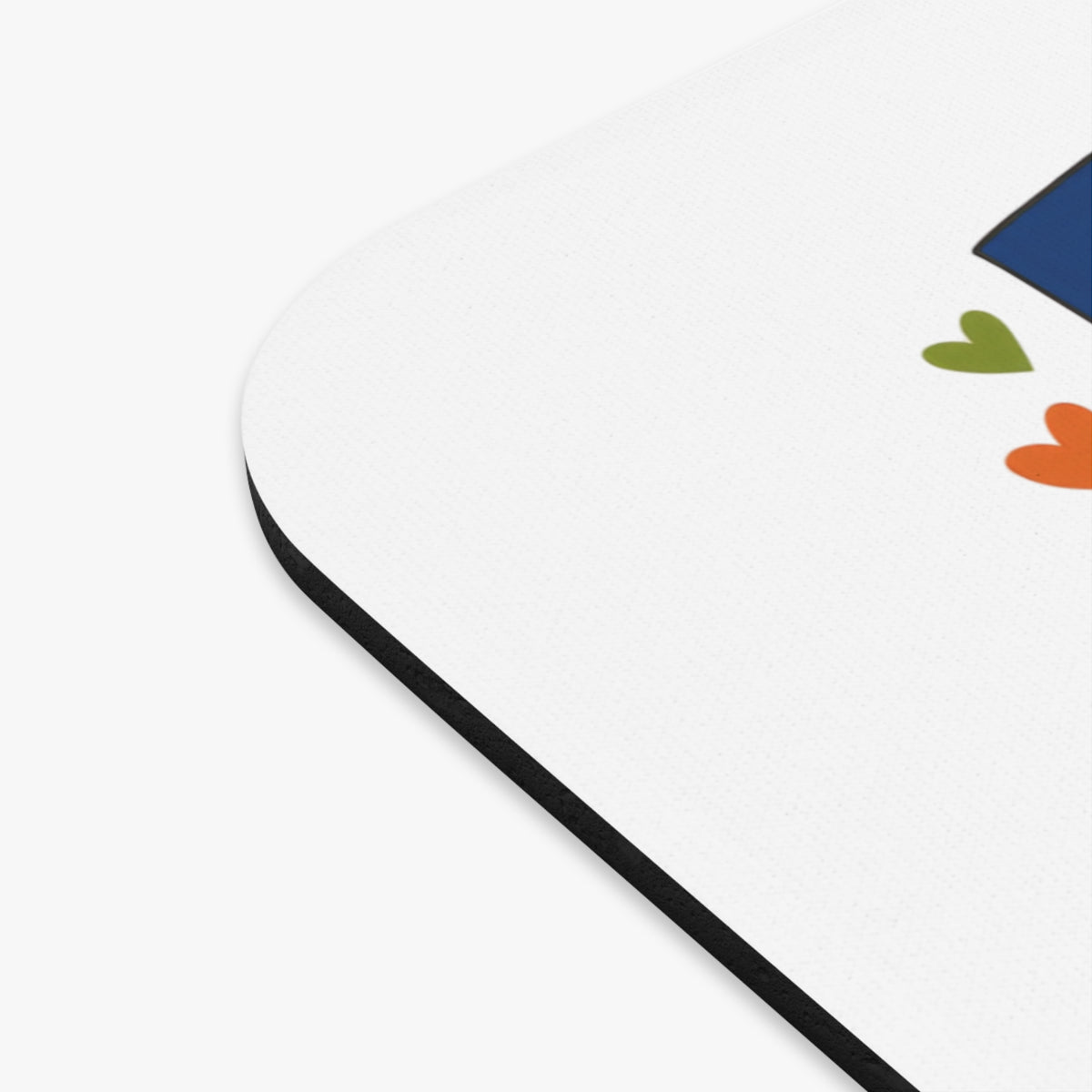 Blue square and colorful hearts graphic on white mousepad with black edge.