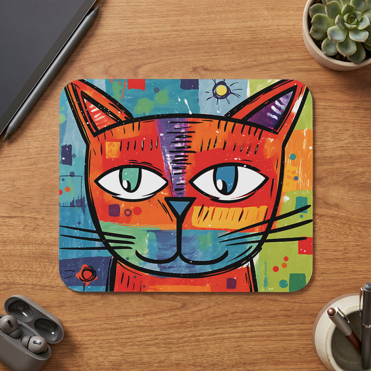 Abstract, colorful mousepad featuring a stylized cat face with large green and blue eyes.