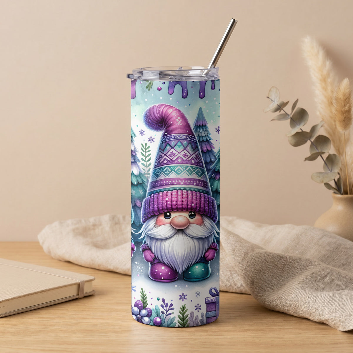 Tumbler with a purple and blue gnome, winter trees, snowflakes, and gift accents.