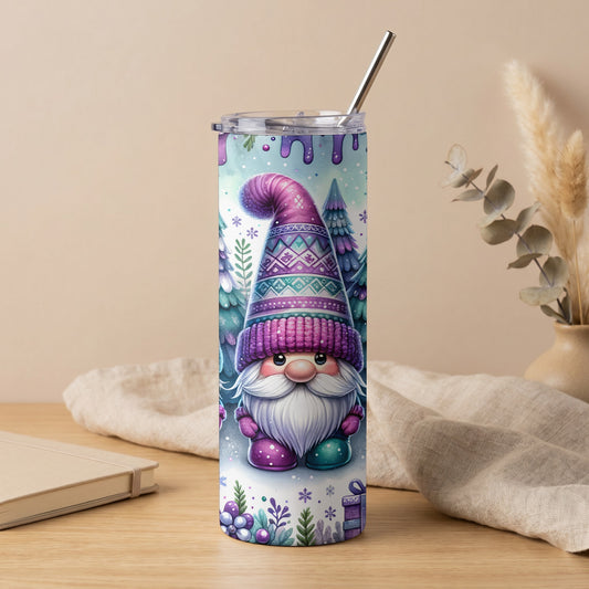 Tumbler with a purple and blue gnome, winter trees, snowflakes, and gift accents.