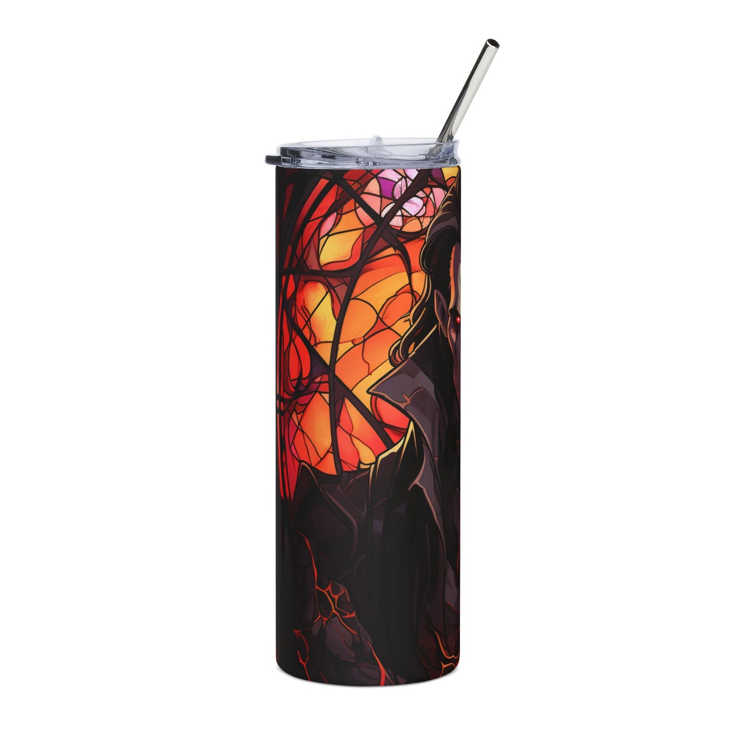 Tall tumbler with anime-style vampire and stained-glass design, featuring a metal straw.