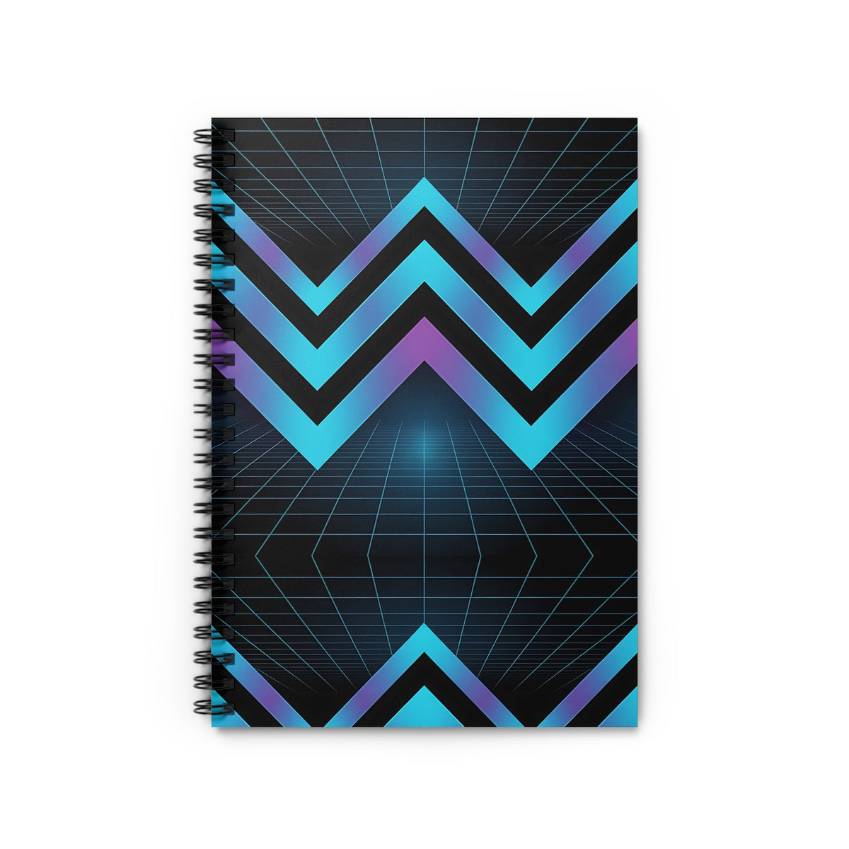 Spiral notebook with a black cover featuring a neon grid and chevron pattern.