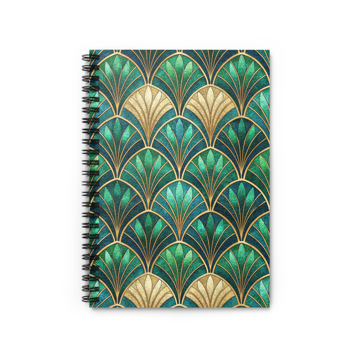 Spiral-bound notebook with art deco pattern of gold and green fan shapes.