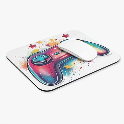 Mousepad with colorful video game controller and stars design.