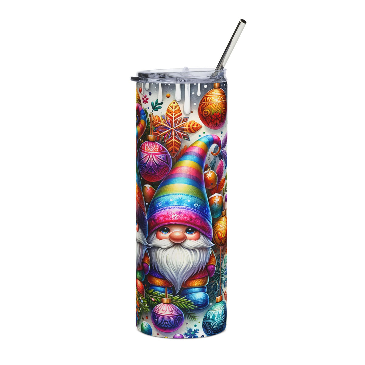 Tumbler with a rainbow-hatted gnome and colorful Christmas ornaments.