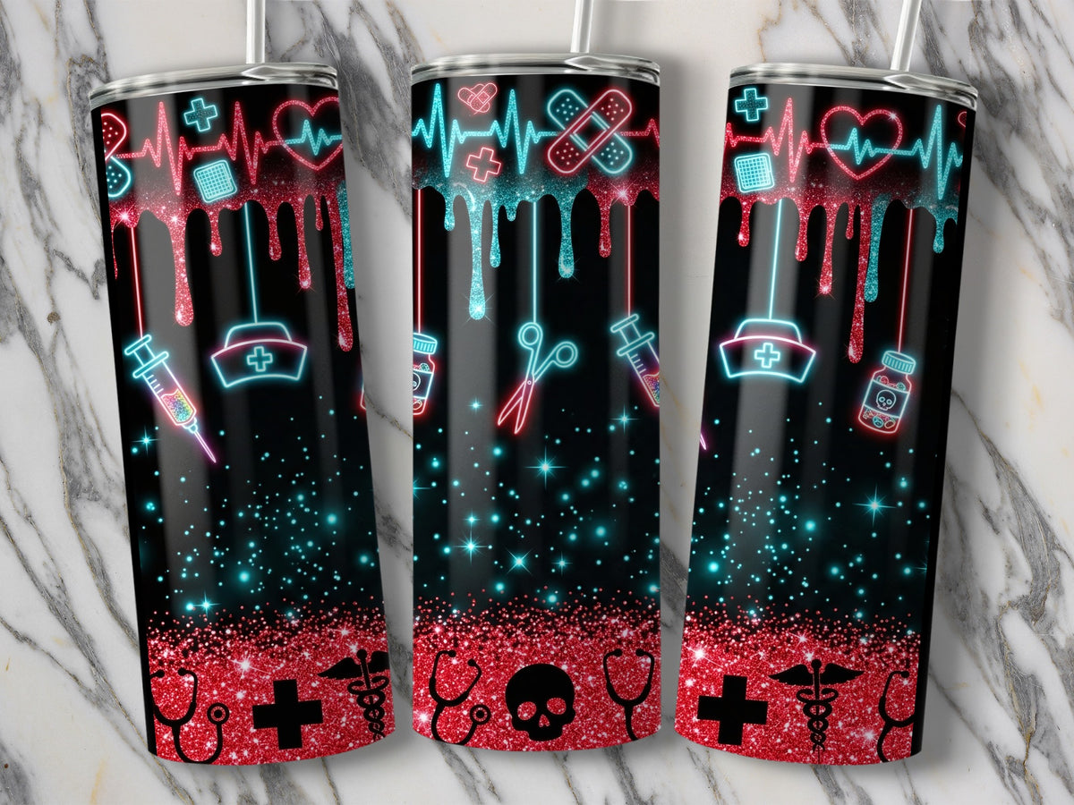Three tumblers with medical neon icons and glitter accents on a marble background.
