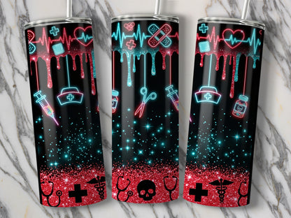 Three tumblers with medical neon icons and glitter accents on a marble background.