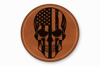 Round brown leather patch featuring a black laser-engraved skull with an American flag design.