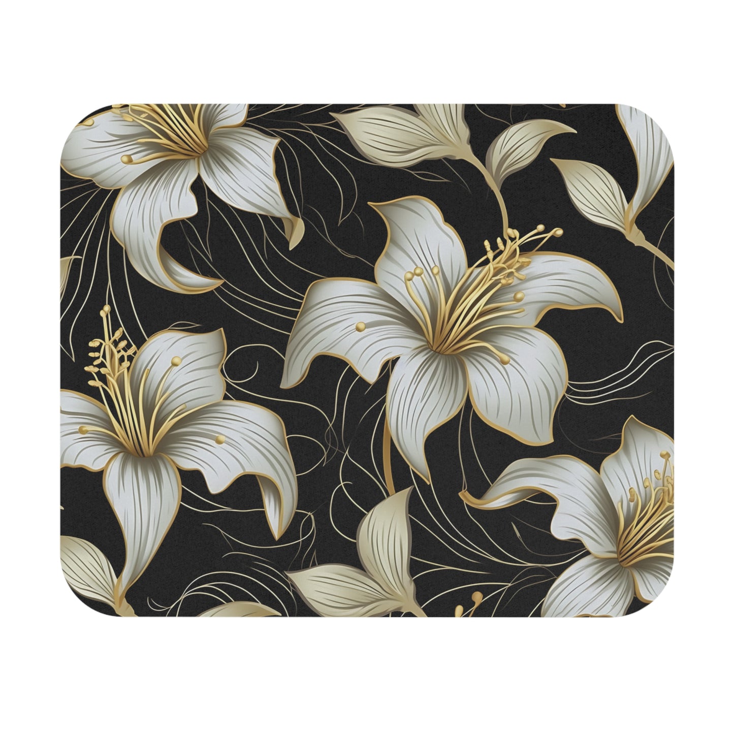 Seamless pattern of white lilies with gold accents on a black textured background.