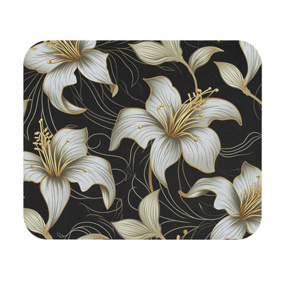 Seamless pattern of white lilies with gold accents on a black textured background.
