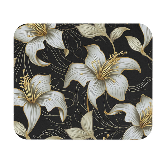 Seamless pattern of white lilies with gold accents on a black textured background.