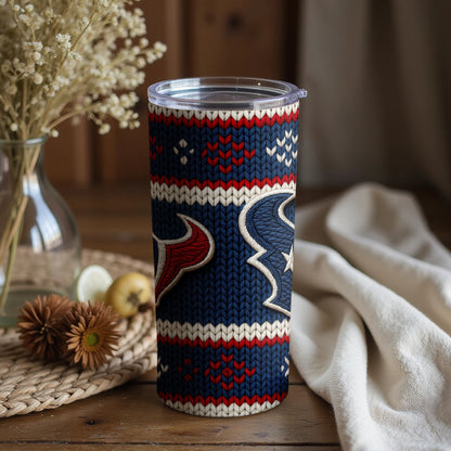 Houston Texans tumbler with a navy, red, and white knitted pattern and logo.
