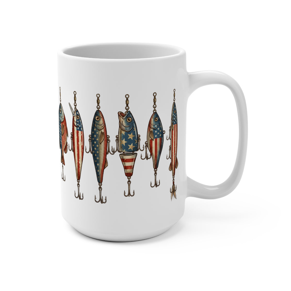 White mug with fishing lures featuring American flag designs.