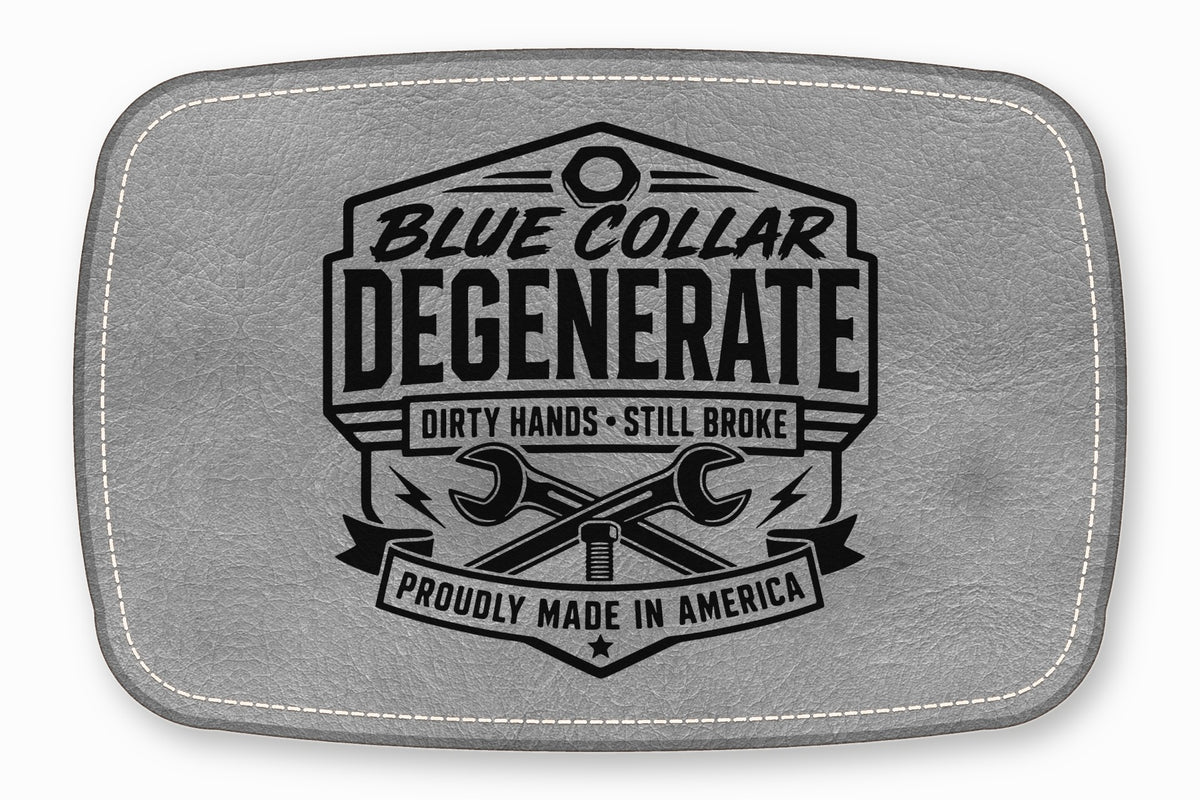 Grey faux leather patch with white stitched border featuring a black graphic with tools and text.