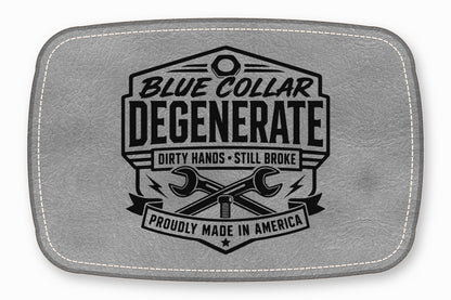Grey faux leather patch with white stitched border featuring a black graphic with tools and text.