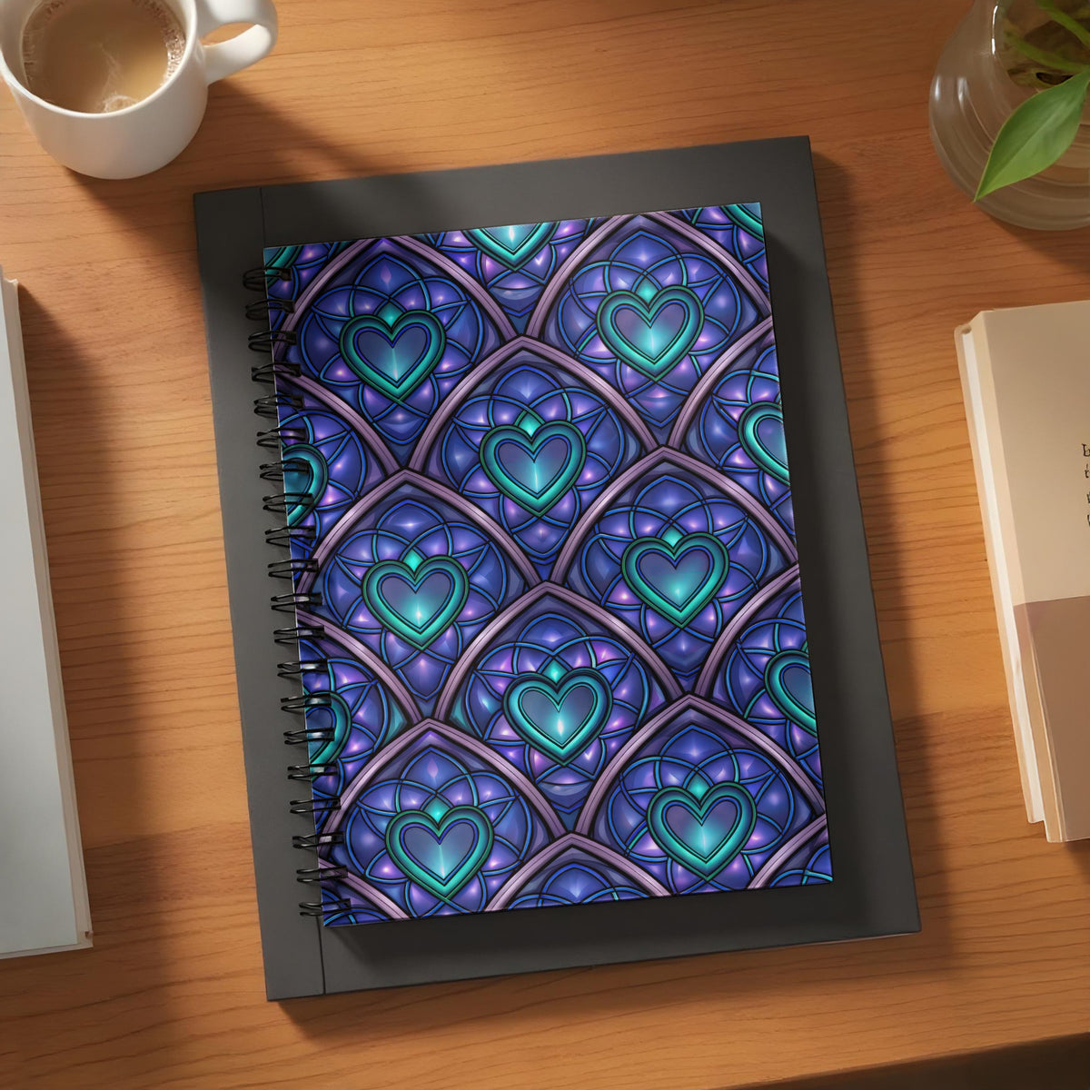 Spiral notebook with a repeating stained glass heart pattern in purple and teal.