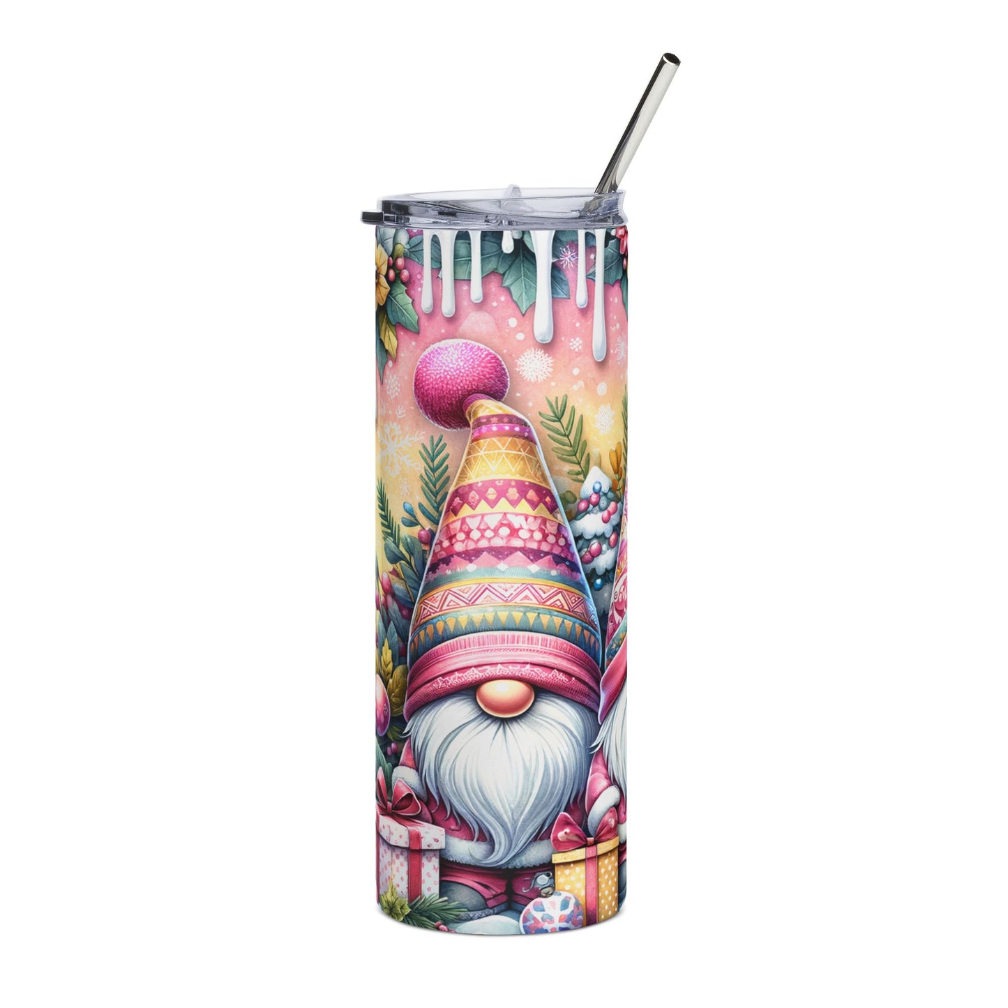 Tumbler with a Christmas gnome and gift design, featuring a metal straw.