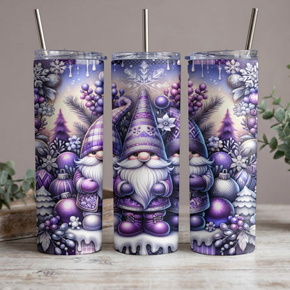 Three purple gnomes with snowflakes and ornaments on a tumbler.