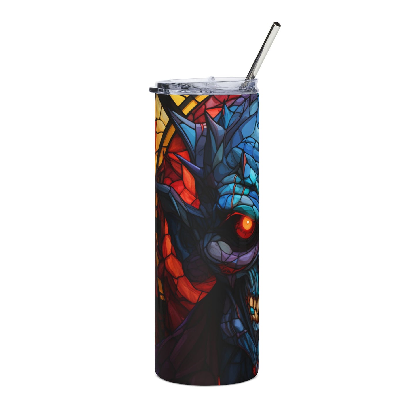 Tumbler with stained glass-style dragon artwork and metal straw.