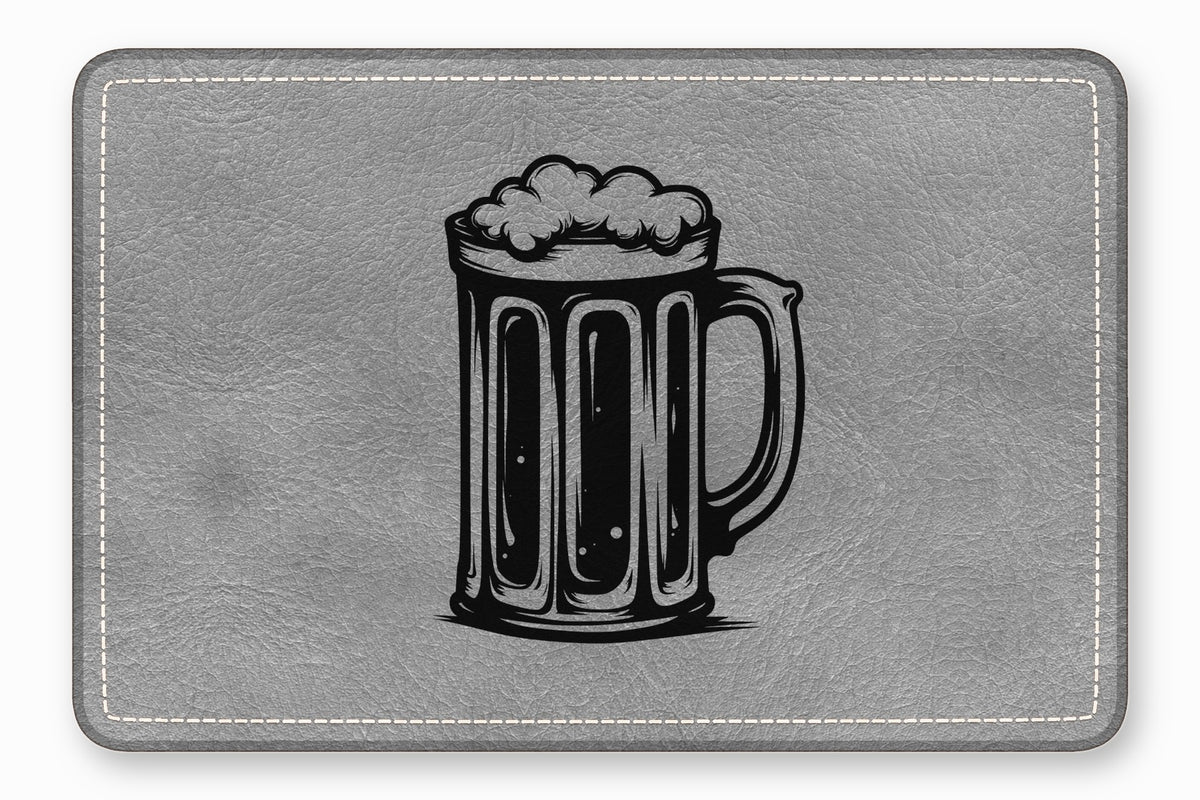 A gray faux leather bar mat featuring a black engraved illustration of a beer mug.