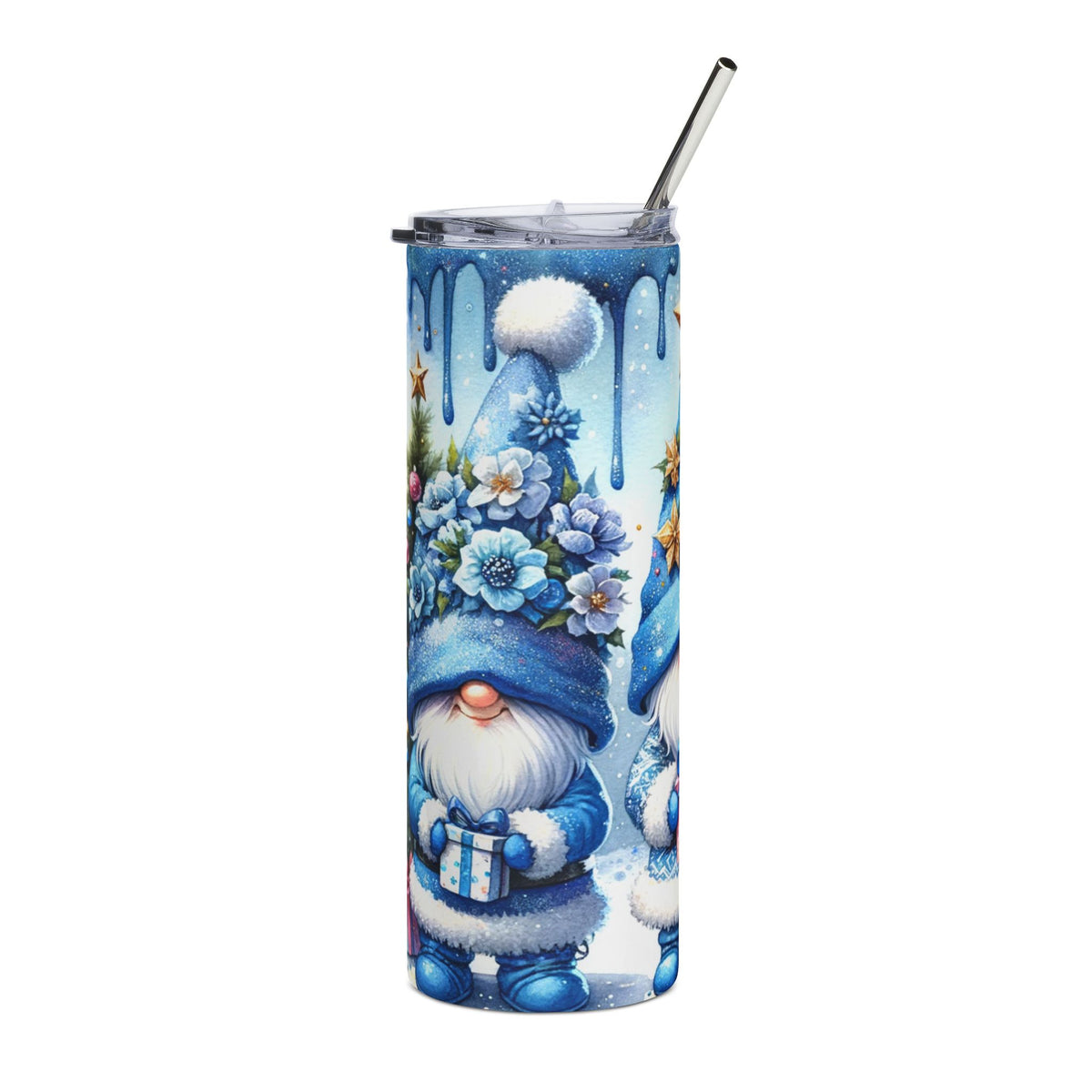 Blue gnome with flowers and gift on winter-themed tumbler with straw.