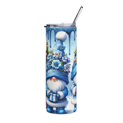 Blue gnome with flowers and gift on winter-themed tumbler with straw.