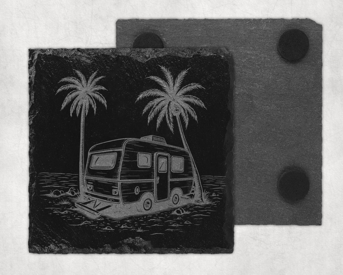 Slate coasters with etched palm trees and a vintage camper scene.